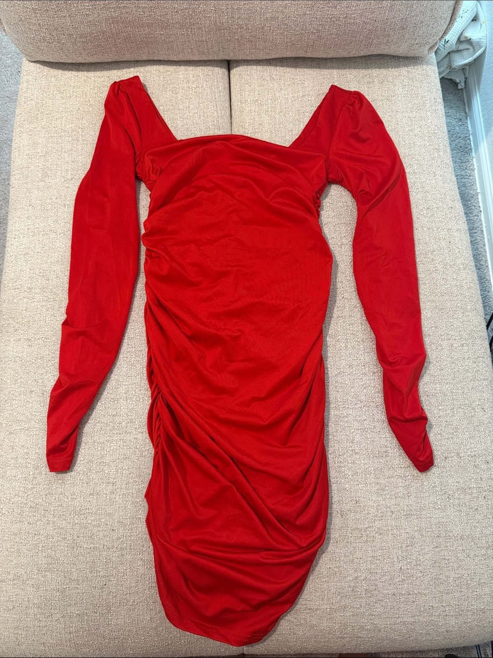 Red Long-Sleeve Ruched Midi Dress
